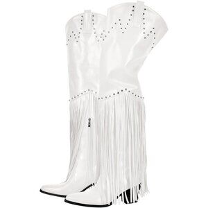 Women White Synthetic Fringe Thigh High Tassel Wide Calf Over Knee Pointed Boot